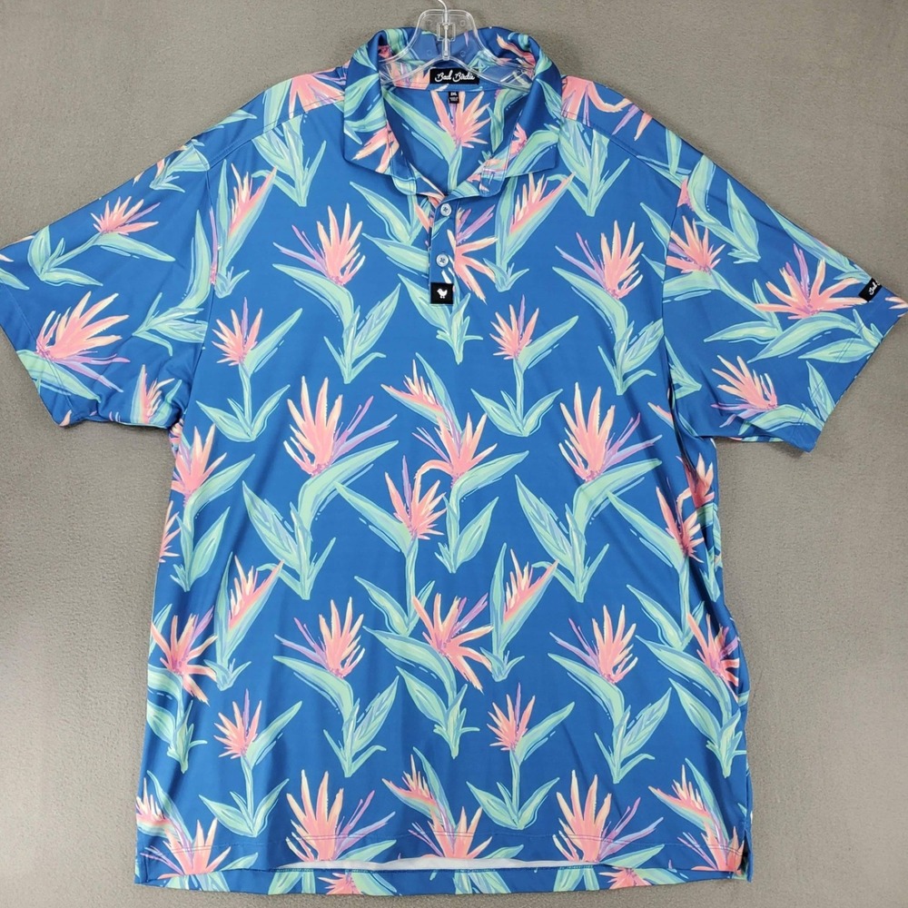 Bad Birdie Polo Shirt Mens 2XL Blue Bird of Paradise Floral Performance Golf